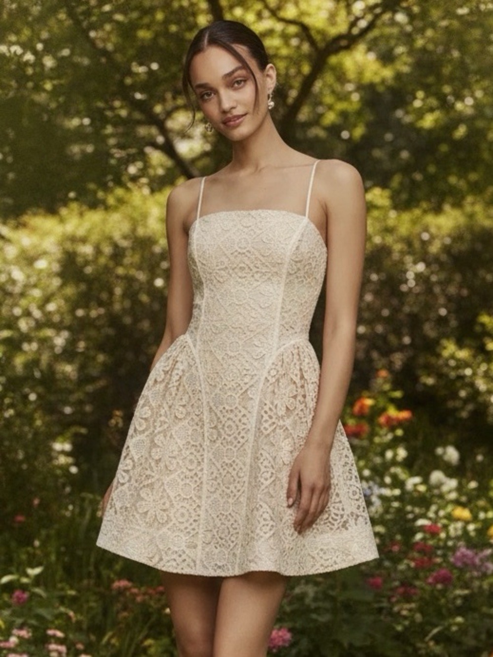 By Anthropologie Cream Lace Basque-Waist Mini Dress US 8 Romantic Garden Party
